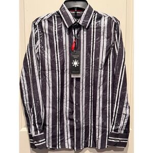 American Breed Mens Smart Shirt Black White Striped Formal TRF0-22 Small